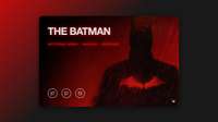 Screenshot of a single website showing a business card with The Batman (2022) theme. Background image is black and red and shows the silhouette of The Batman. Title in white is The Batman, subtitle in red is Nocturnal Animal, Shadows, Vengeance. Three links with icons from Twitter, GitHub and Mail (envelope). In the right corner is a white arrow to indicat that there is a second side of the card.